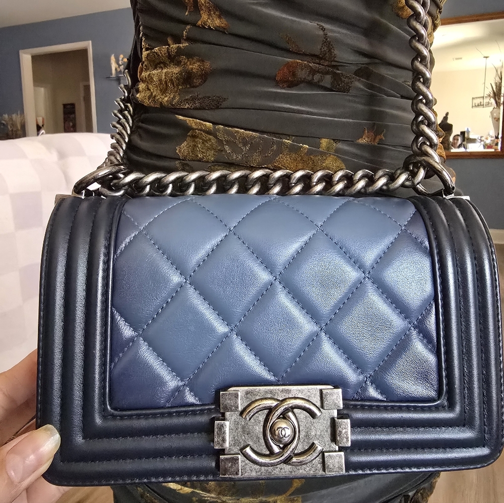Authentic Chanel Boy Quilted Ombre Calfskin Blue and Black Colors